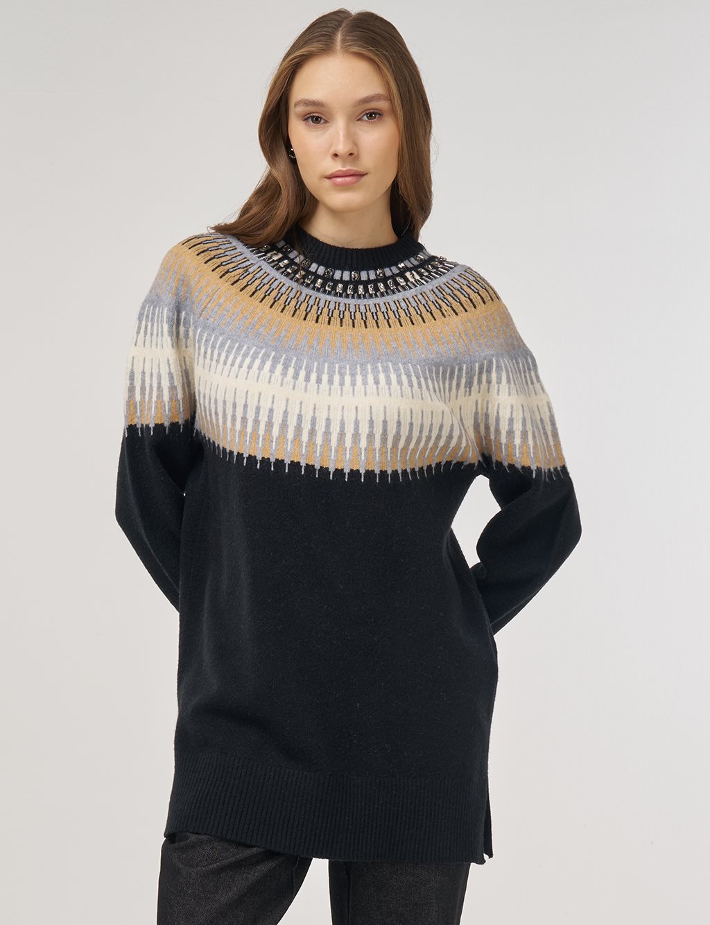 Stone Detail Knit Tunic Black