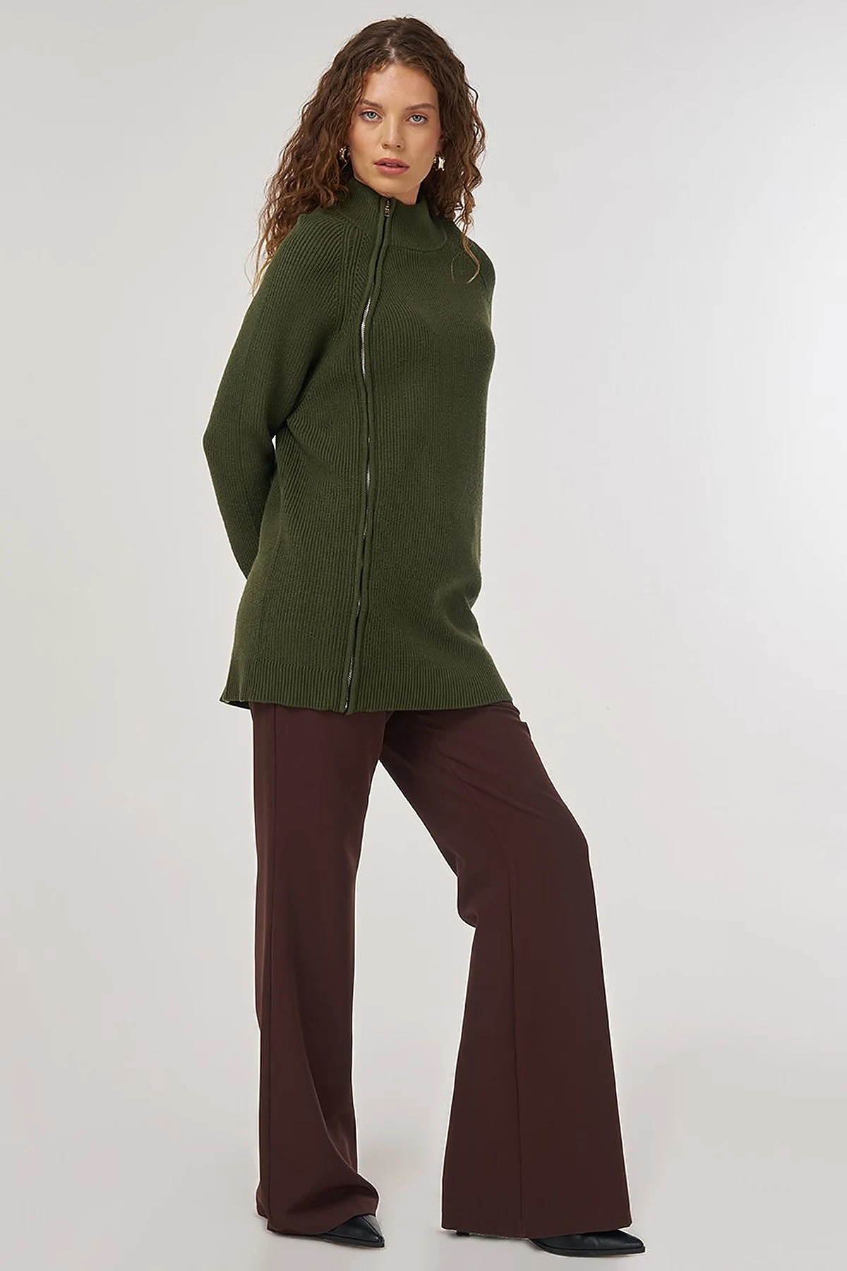 Zipper-Detail Viscose Knit Tunic Olive