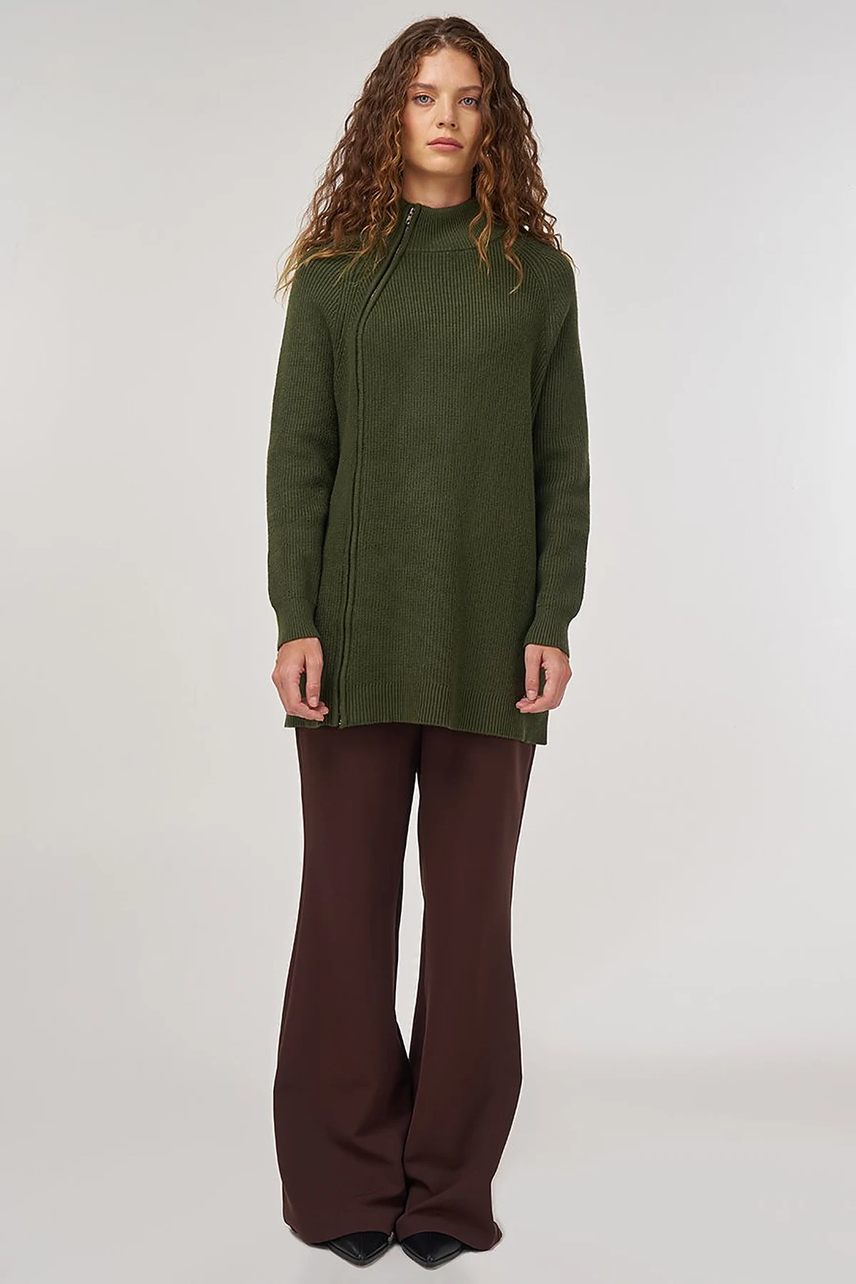 Zipper-Detail Viscose Knit Tunic Olive