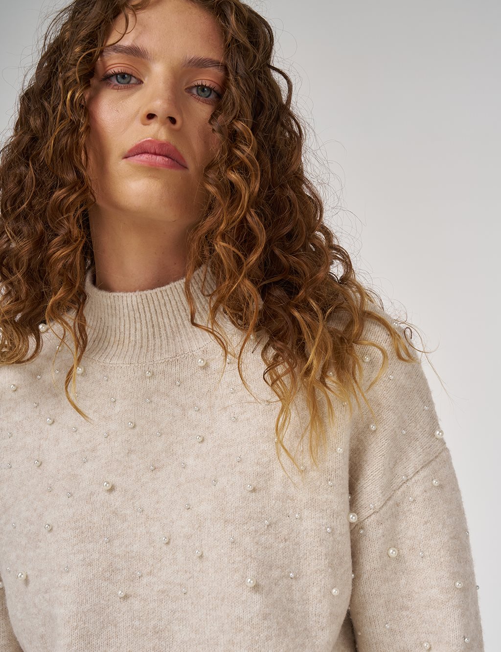 Pearl-Embellished Wool-Blend Knit Sweater Stone 