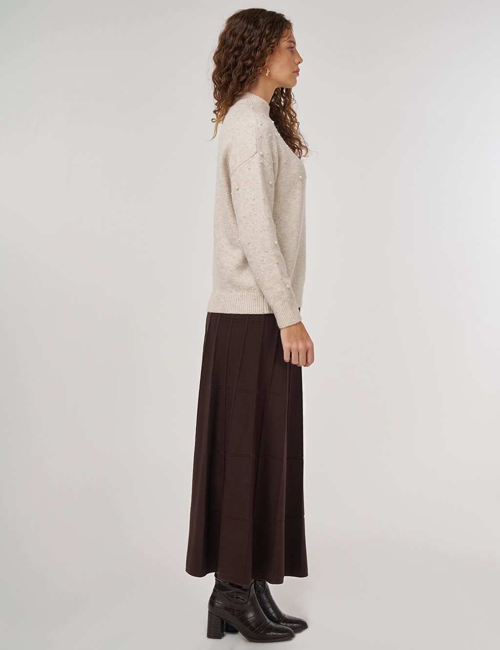 Pearl-Embellished Wool-Blend Knit Sweater Stone 