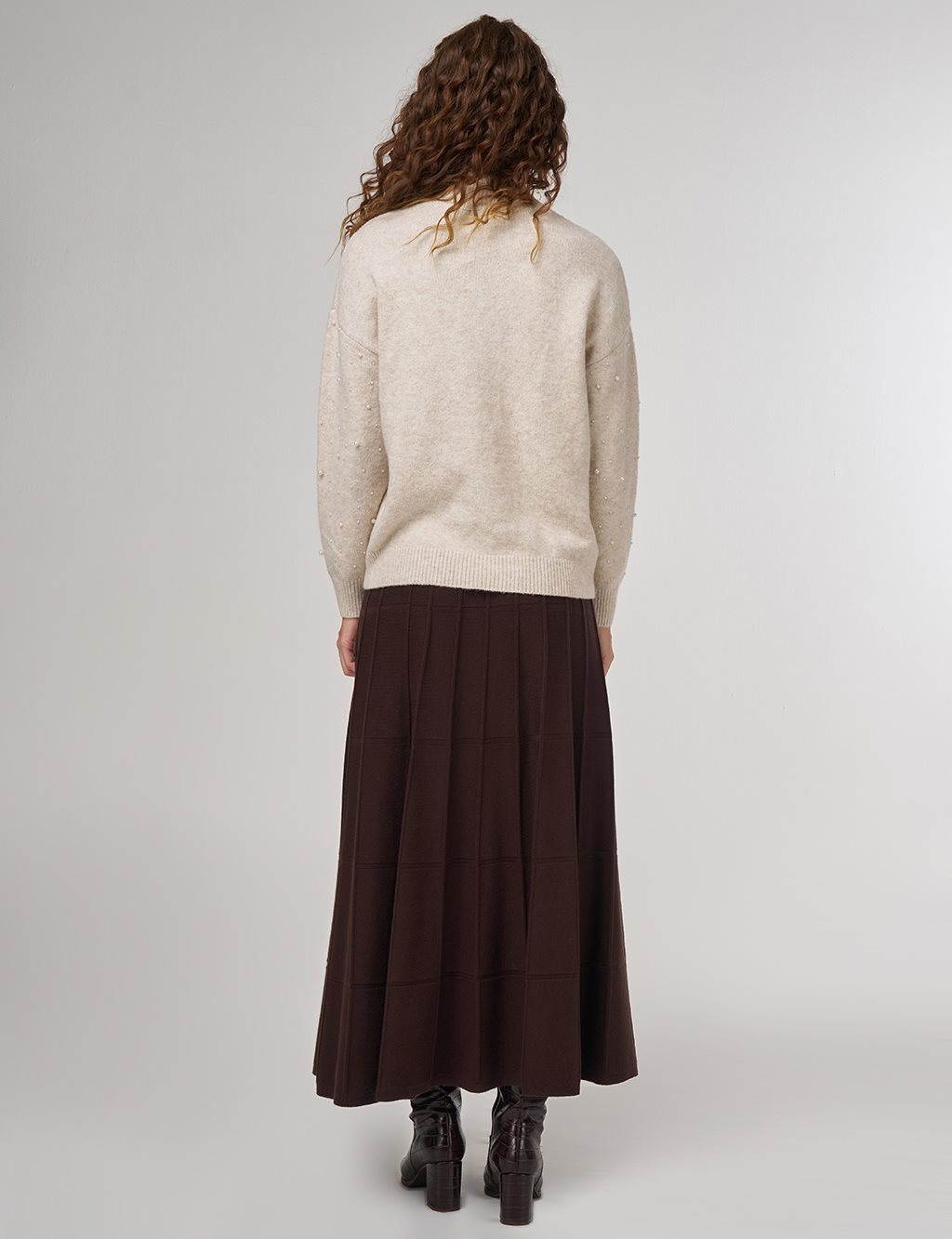 Pearl-Embellished Wool-Blend Knit Sweater Stone 
