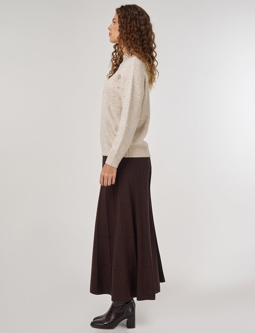 Pearl-Embellished Wool-Blend Knit Sweater Stone 