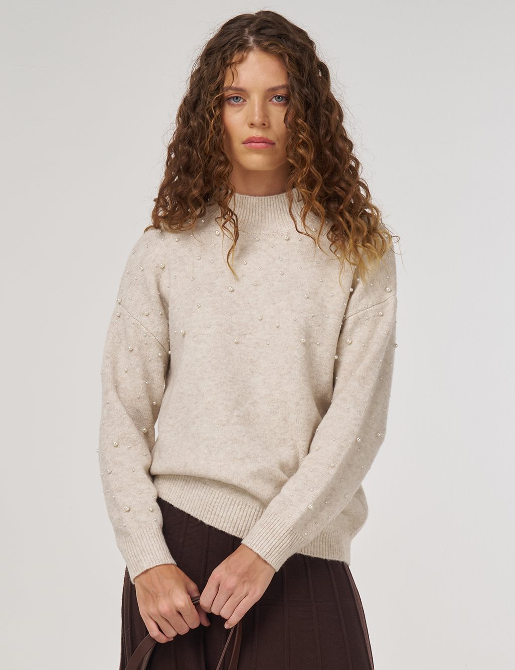 Pearl-Embellished Wool-Blend Knit Sweater Stone 