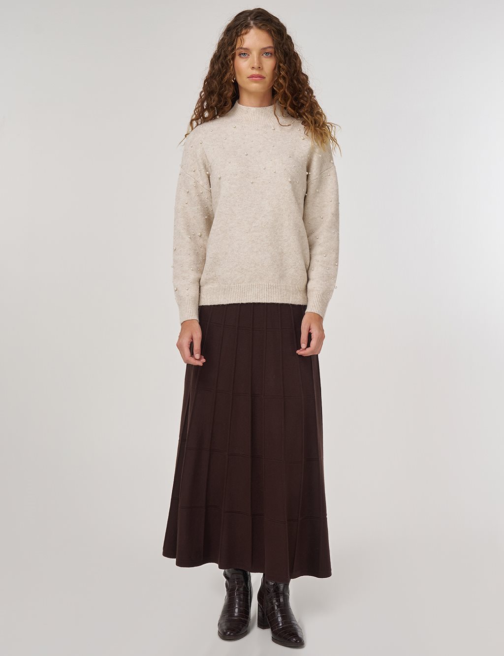Pearl-Embellished Wool-Blend Knit Sweater Stone 