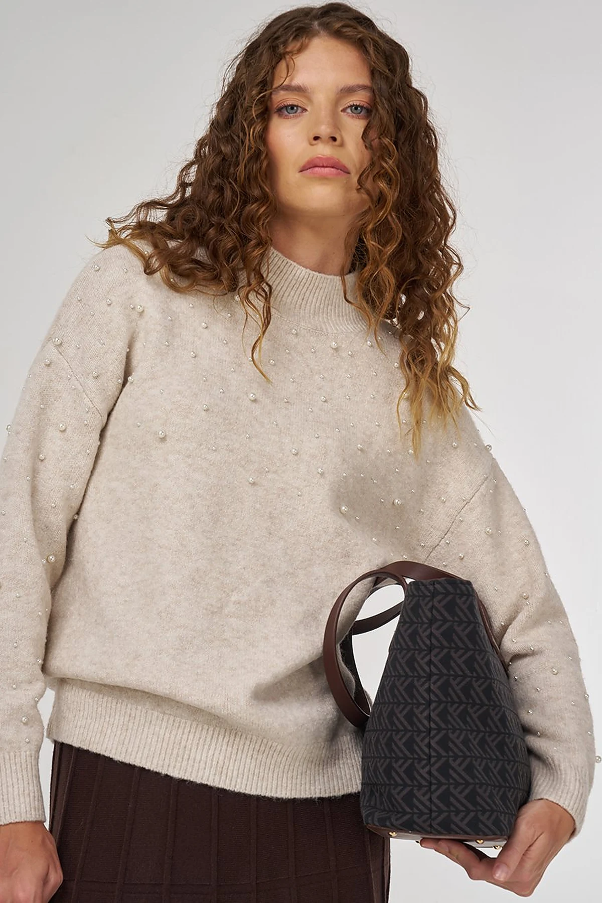 Pearl-Embellished Wool-Blend Knit Sweater Stone 