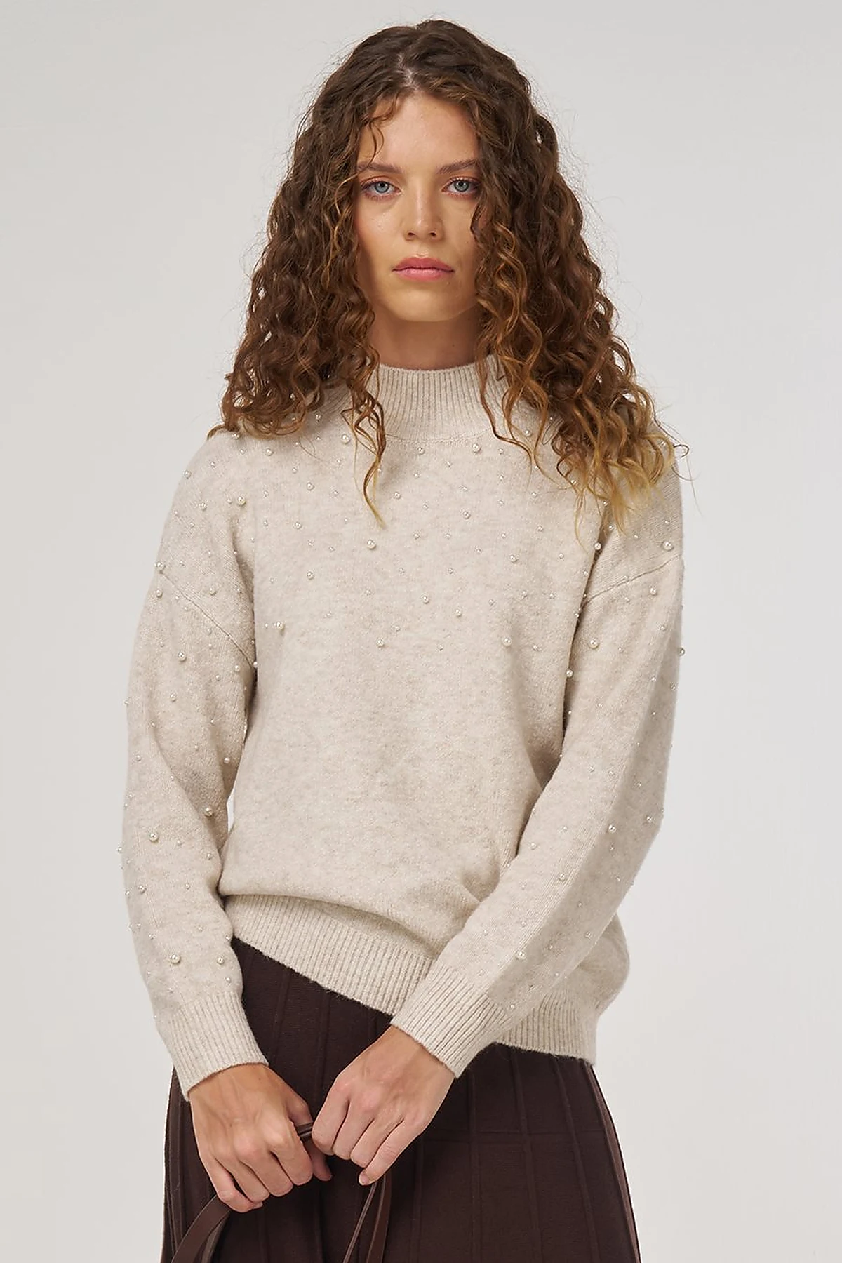 Pearl-Embellished Wool-Blend Knit Sweater Stone 