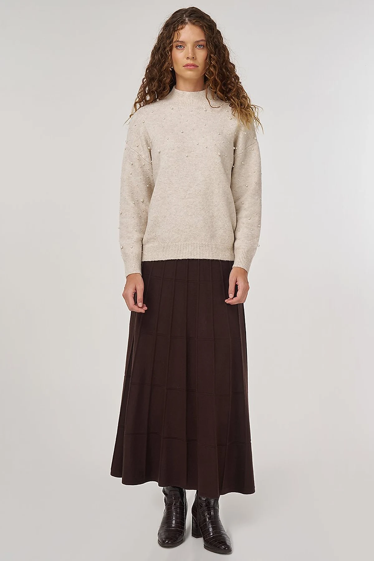Pearl-Embellished Wool-Blend Knit Sweater Stone 