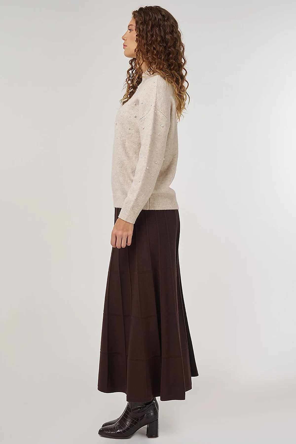 Pearl-Embellished Wool-Blend Knit Sweater Stone 
