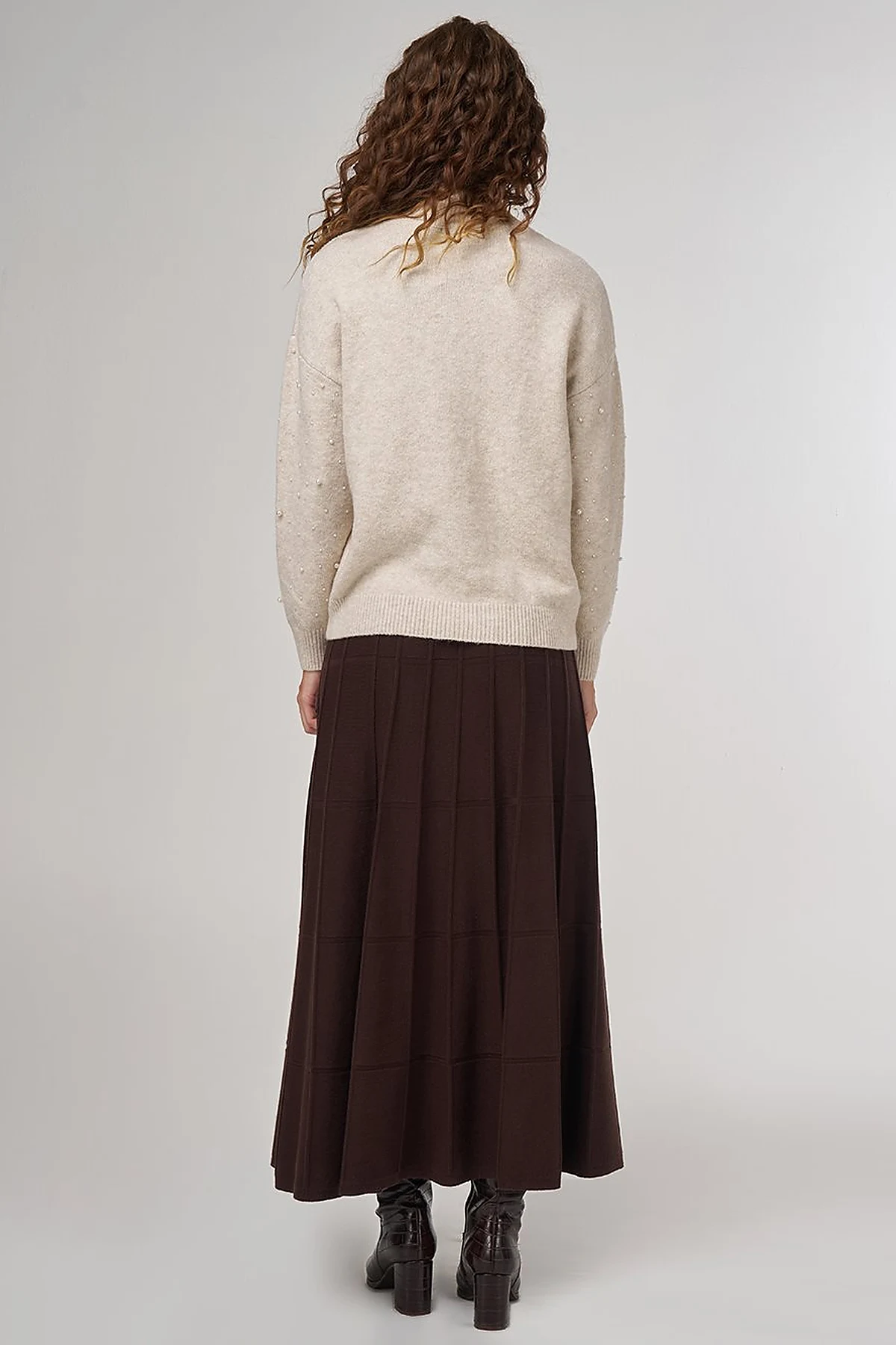 Pearl-Embellished Wool-Blend Knit Sweater Stone 
