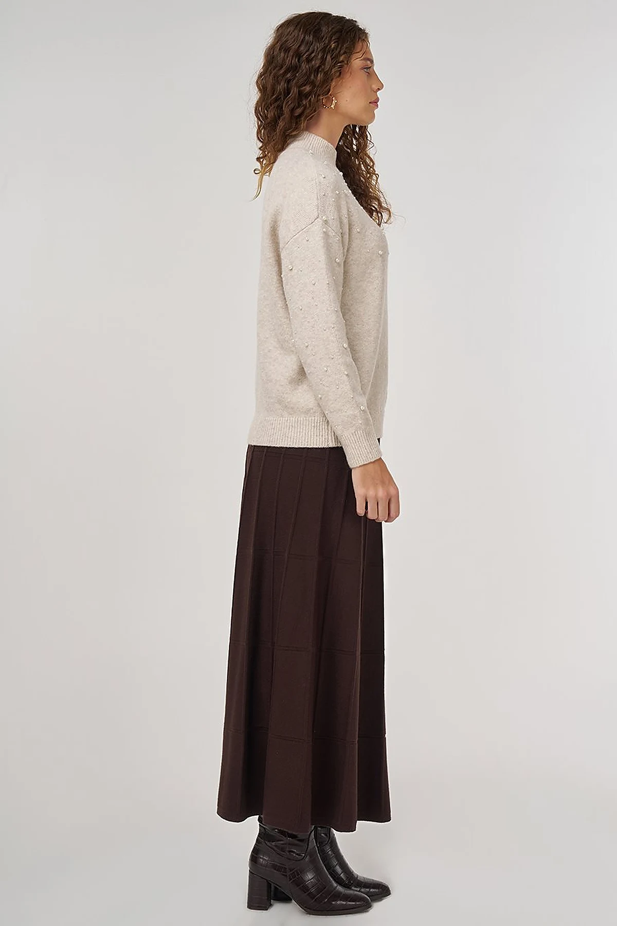 Pearl-Embellished Wool-Blend Knit Sweater Stone 