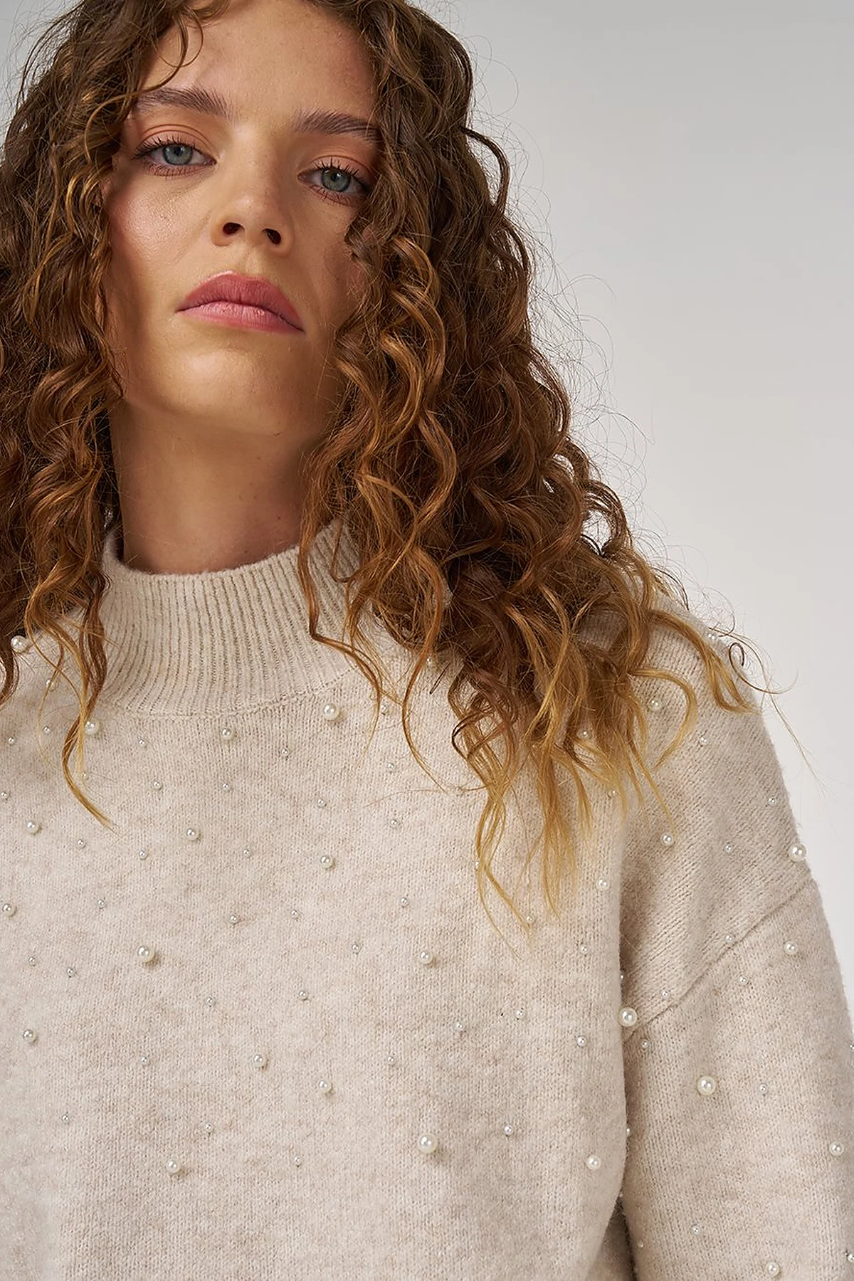 Pearl-Embellished Wool-Blend Knit Sweater Stone 