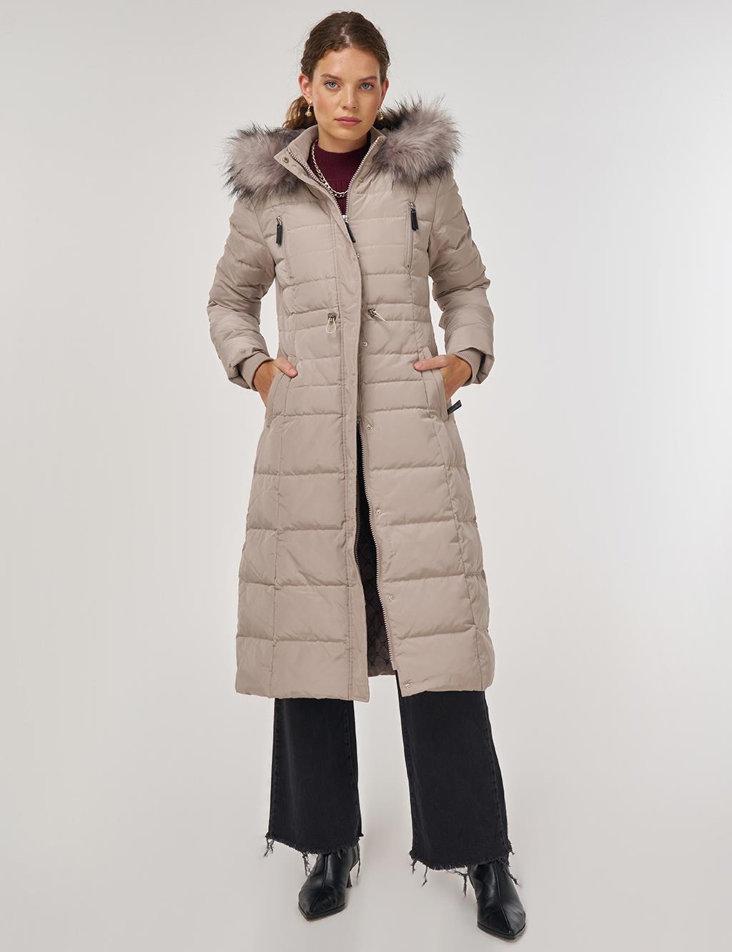 Drawstring Waist Goose Down Padded Coat Stone