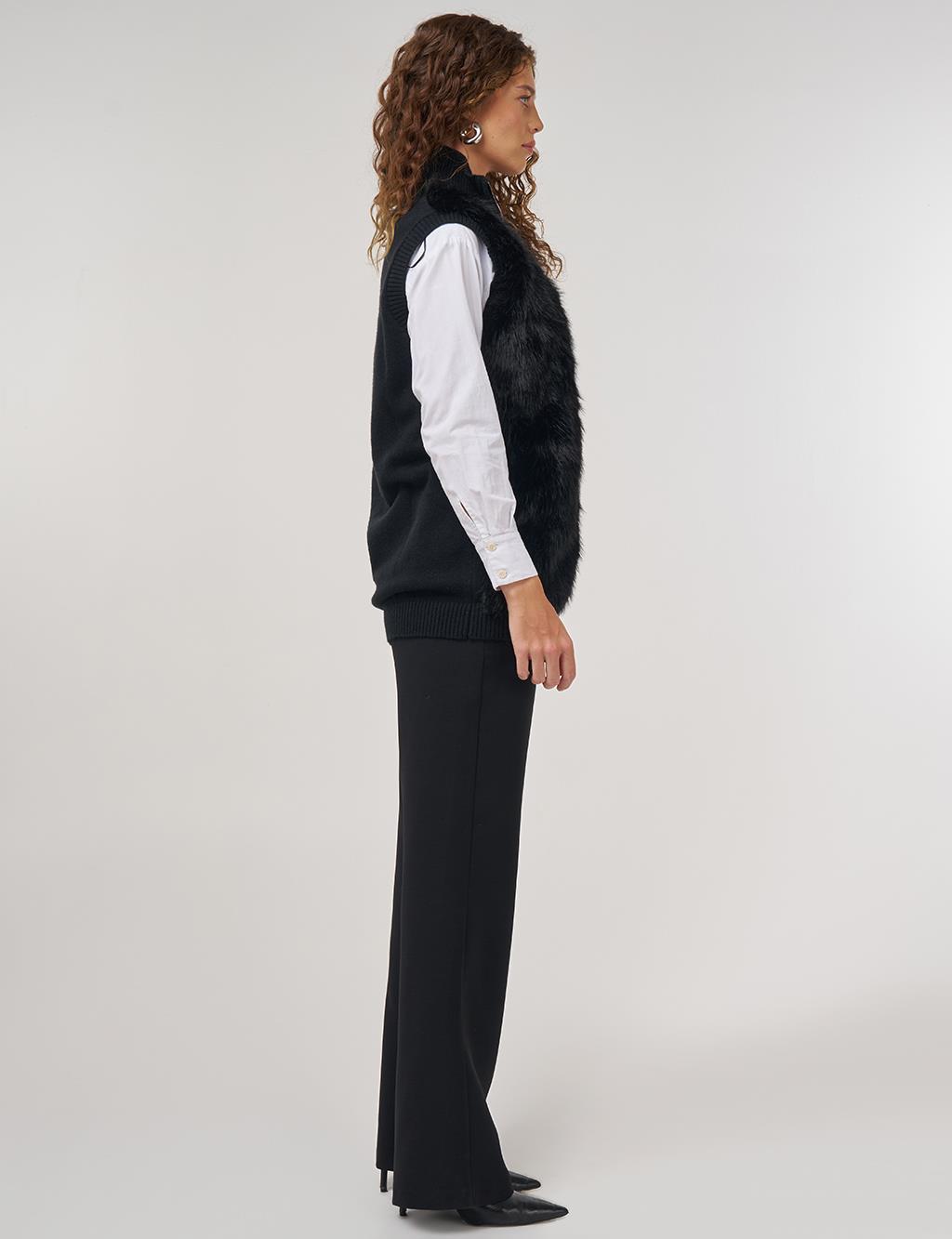 Fur-Trim Knit Vest Black