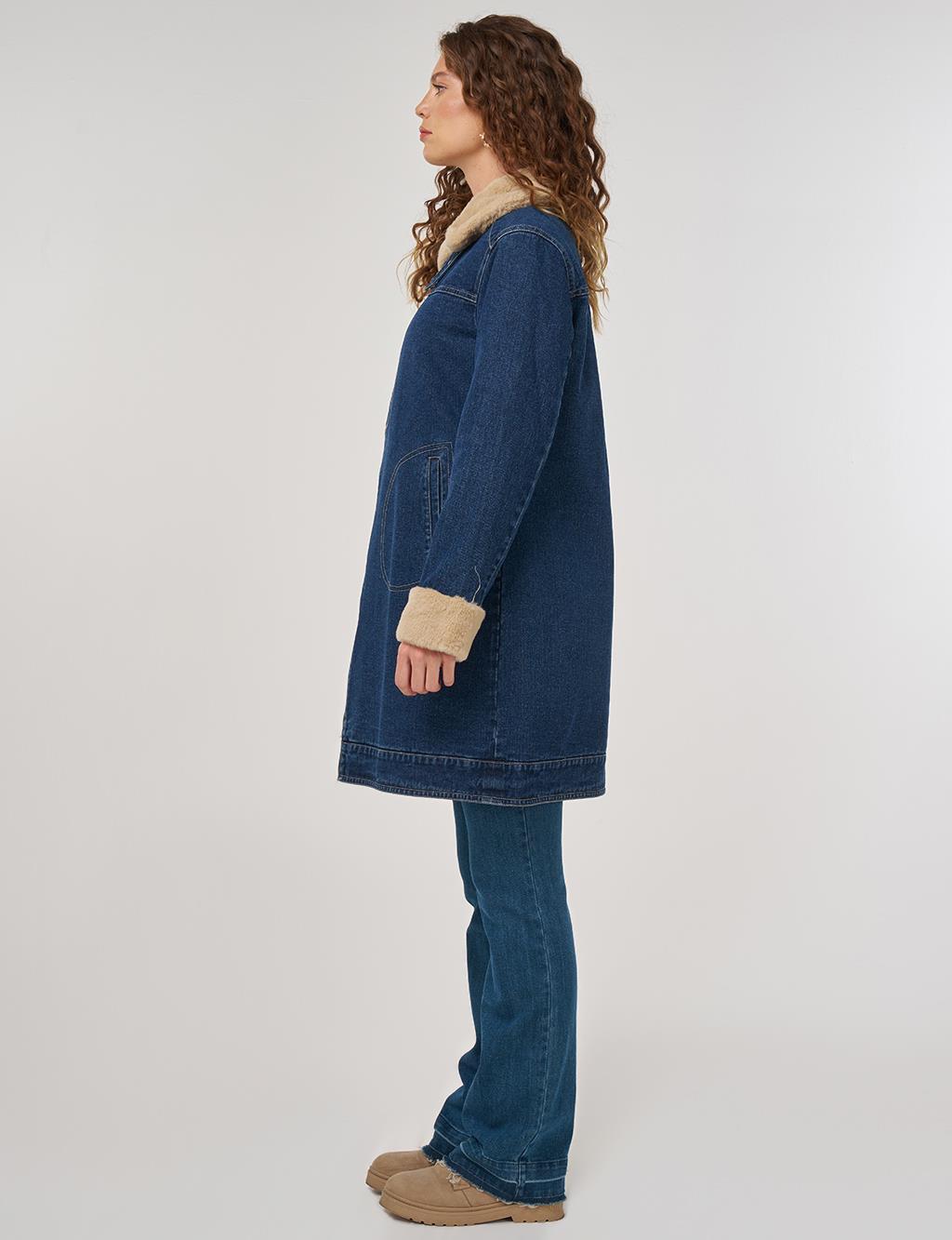 Faux Fur Collar Denim Jacket Dark Navy