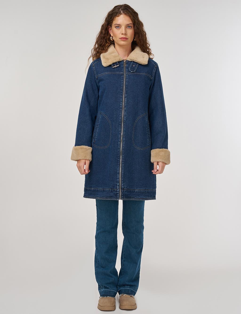 Faux Fur Collar Denim Jacket Dark Navy