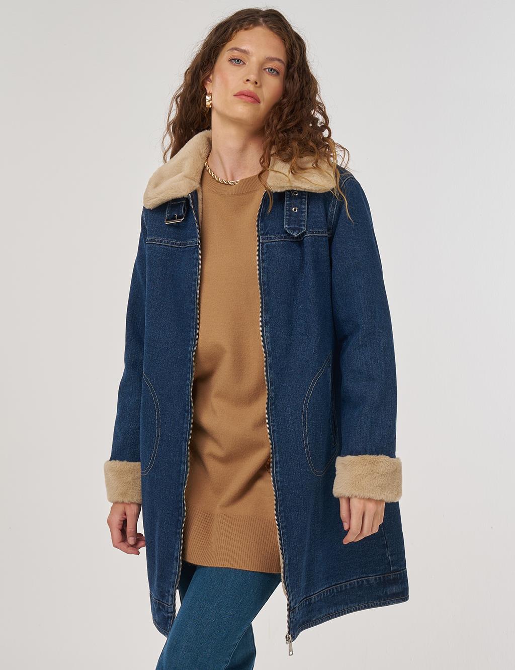 Faux Fur Collar Denim Jacket Dark Navy