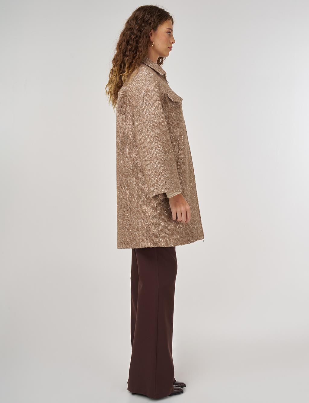 Kapak Cepli Yün Kaban Hardal