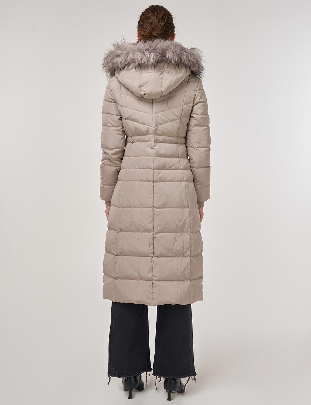 Drawstring Waist Goose Down Padded Coat Stone