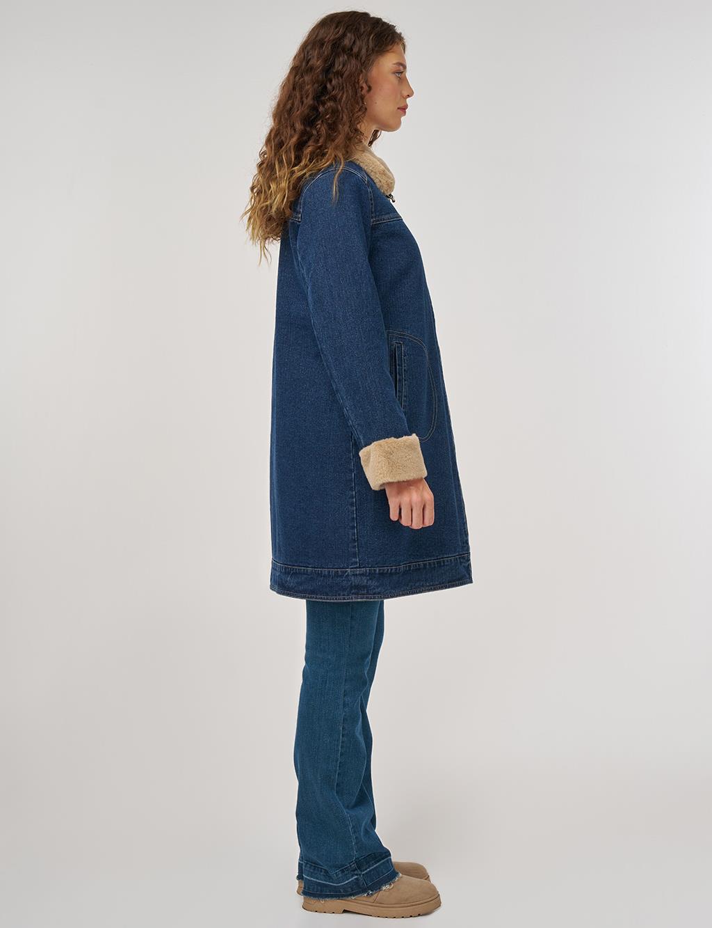 Faux Fur Collar Denim Jacket Dark Navy