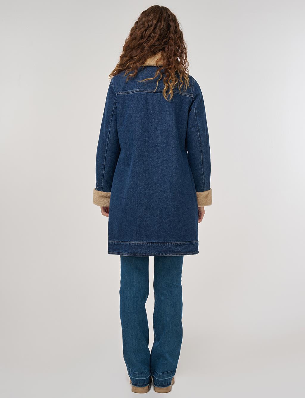 Faux Fur Collar Denim Jacket Dark Navy