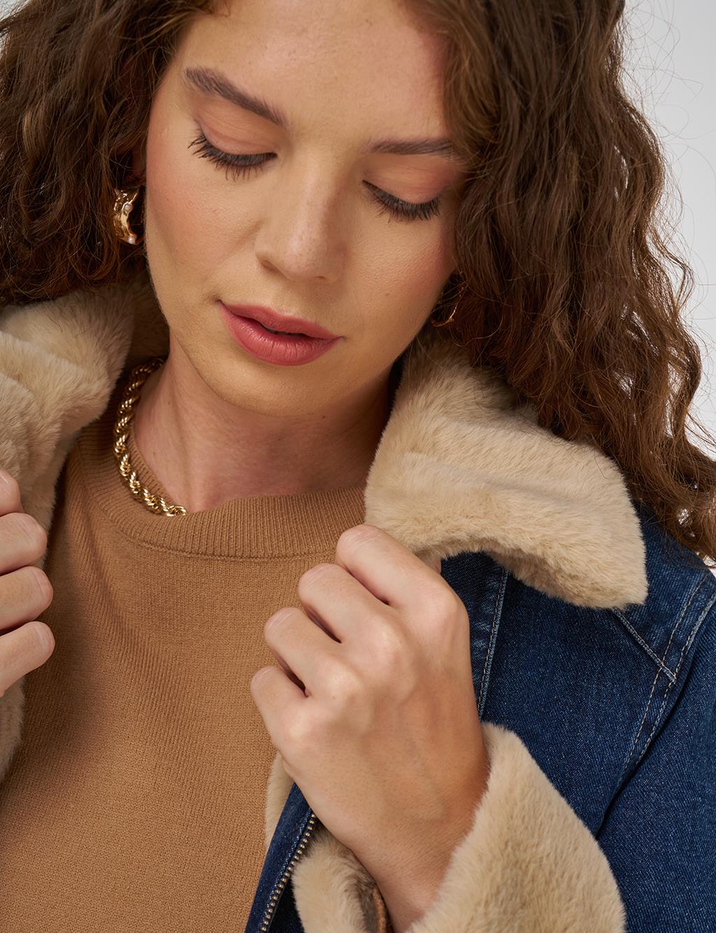 Faux Fur Collar Denim Jacket Dark Navy