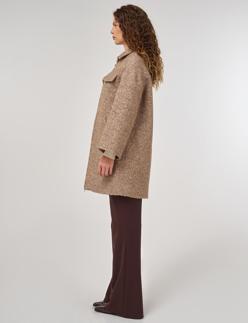 Kapak Cepli Yün Kaban Hardal