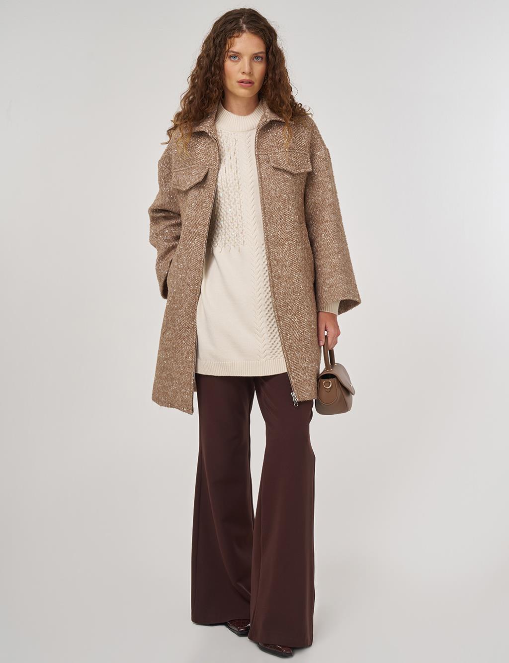 Kapak Cepli Yün Kaban Hardal