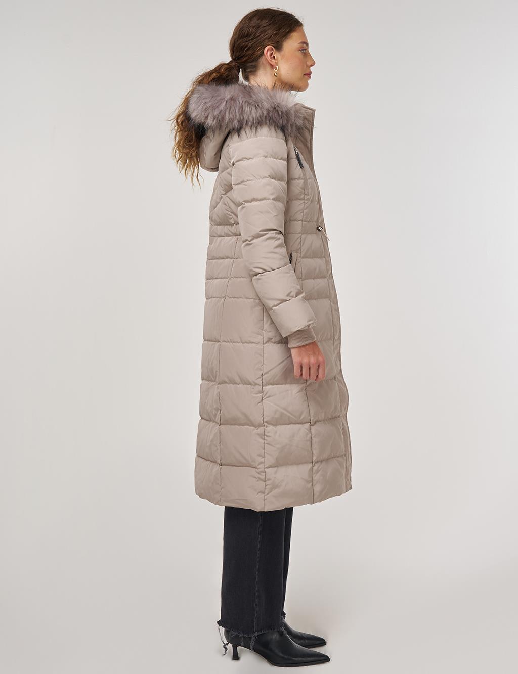 Drawstring Waist Goose Down Padded Coat Stone