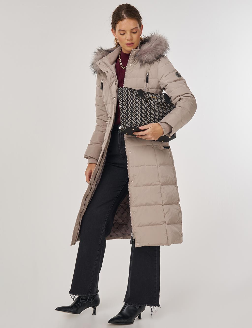 Drawstring Waist Goose Down Padded Coat Stone