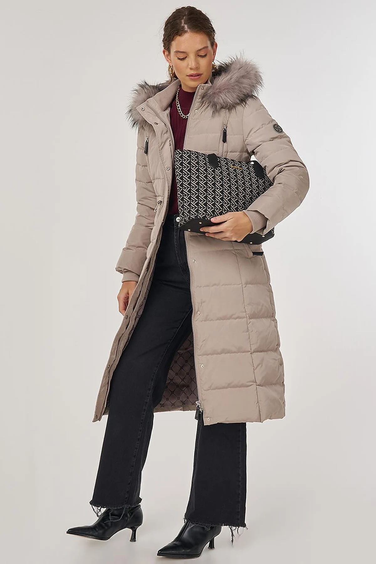 Drawstring Waist Goose Down Padded Coat Stone