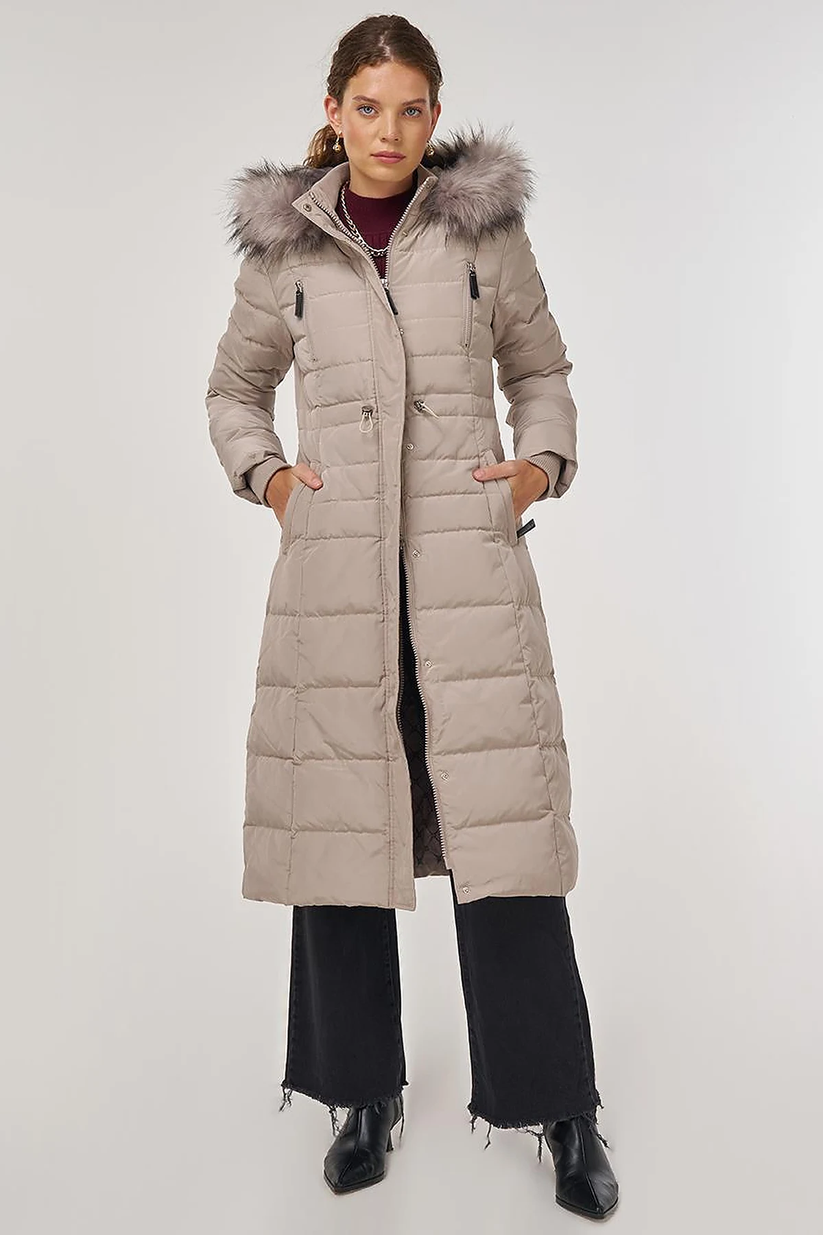 Drawstring Waist Goose Down Padded Coat Stone