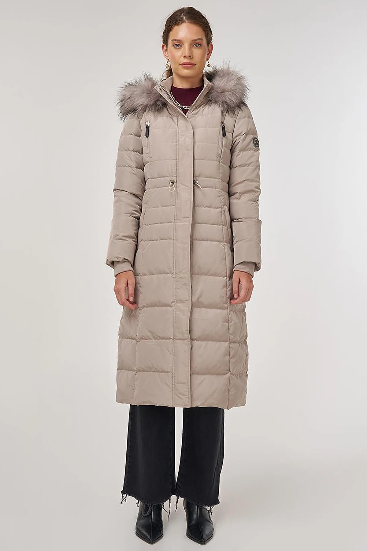 Drawstring Waist Goose Down Padded Coat Stone
