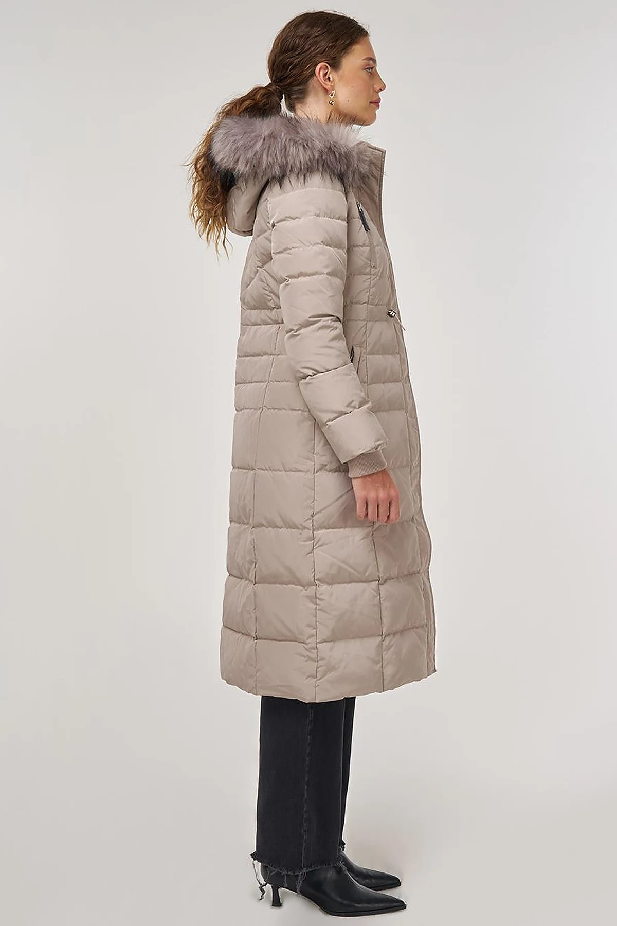 Drawstring Waist Goose Down Padded Coat Stone
