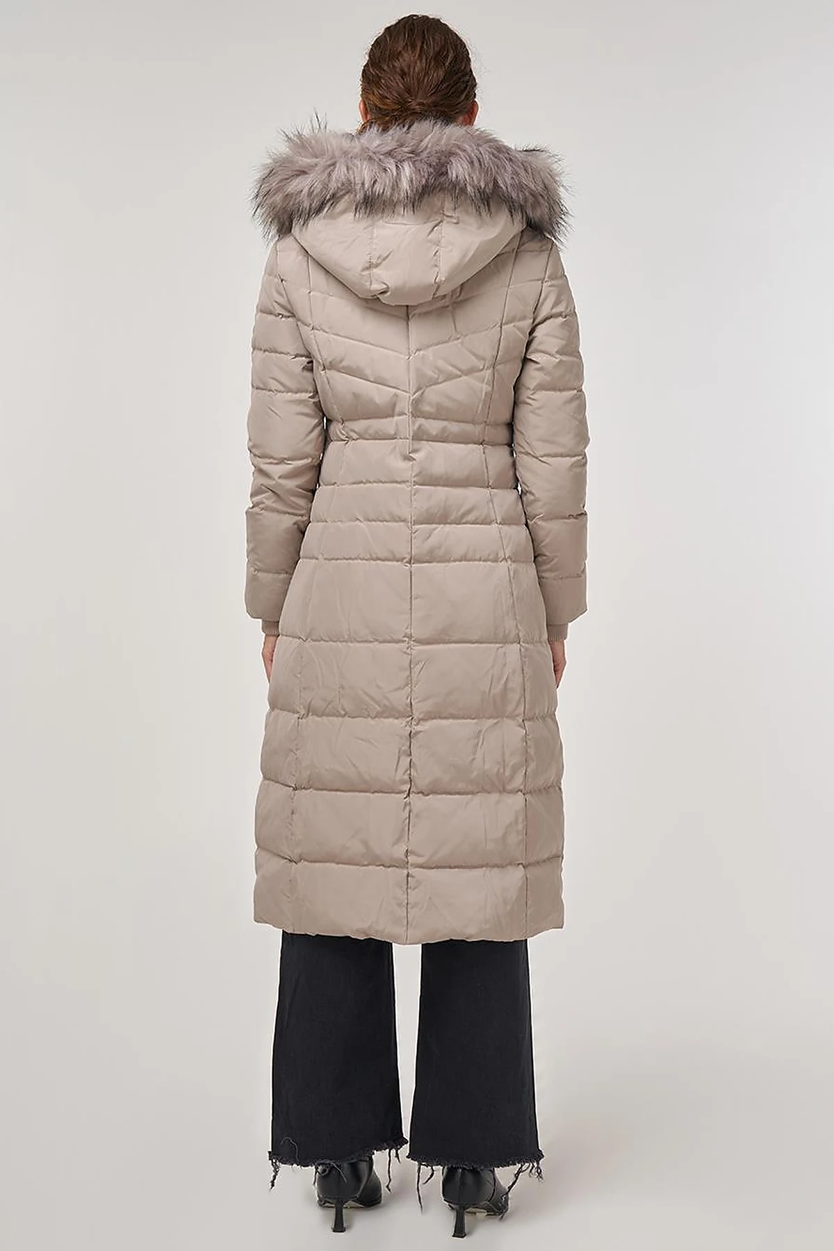 Drawstring Waist Goose Down Padded Coat Stone