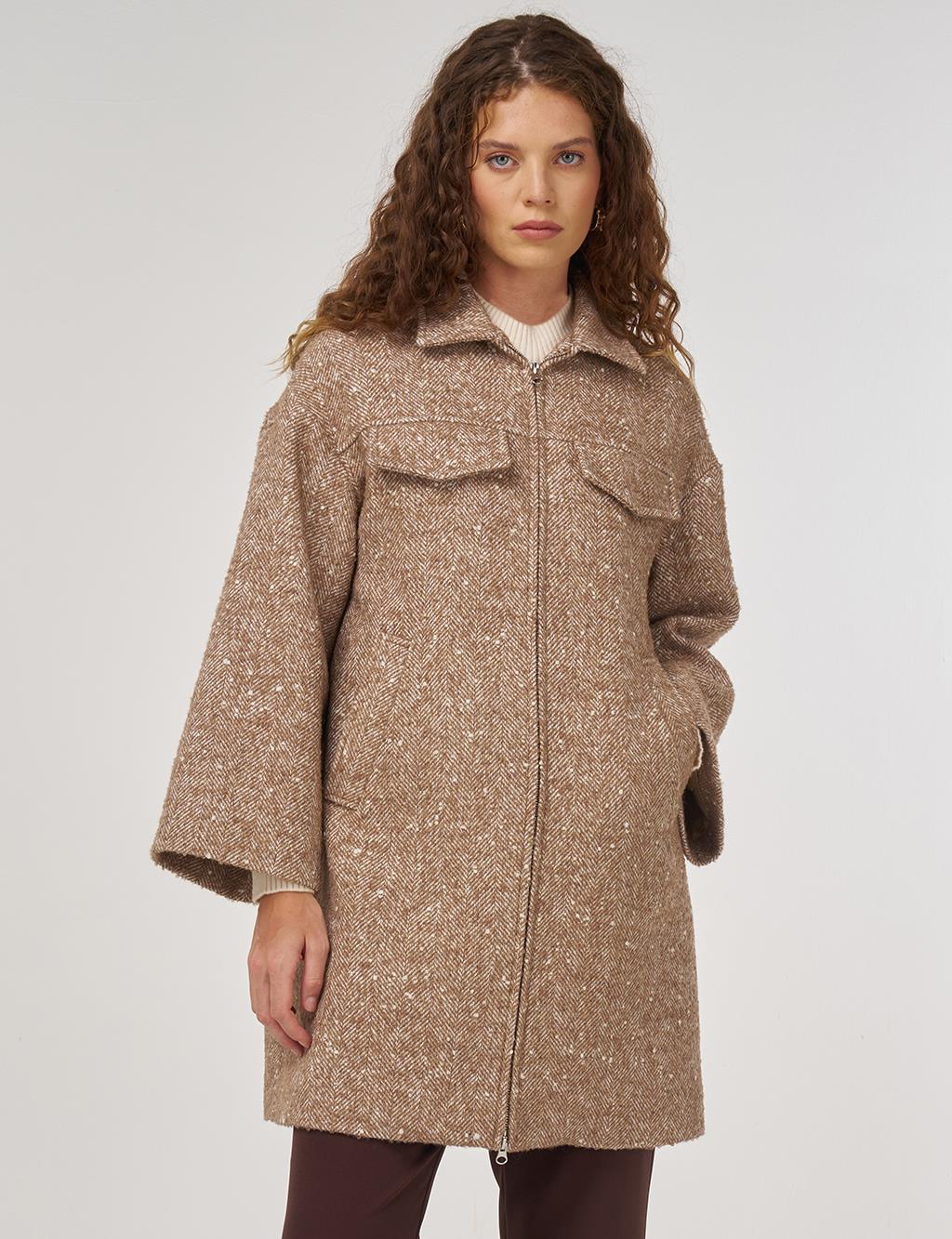 Kapak Cepli Yün Kaban Hardal