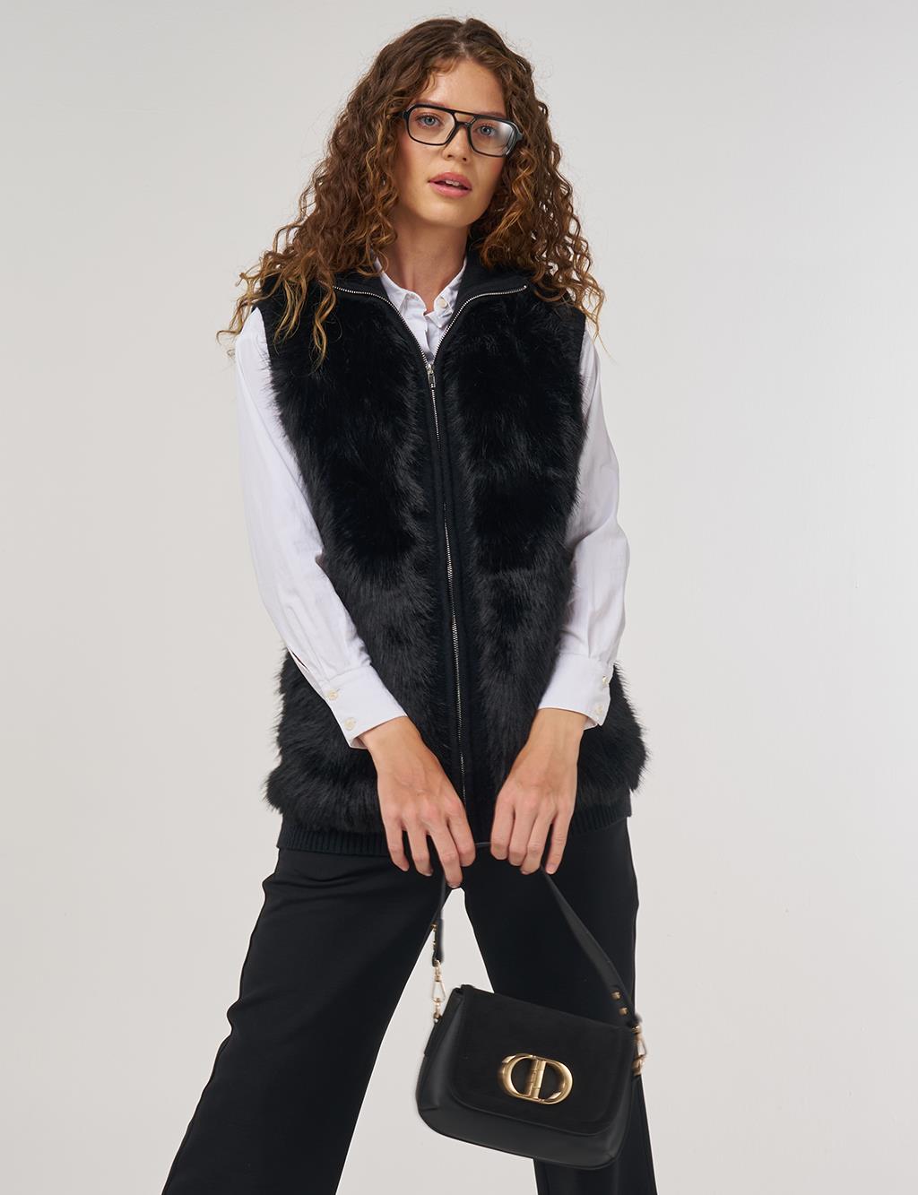 Fur-Trim Knit Vest Black