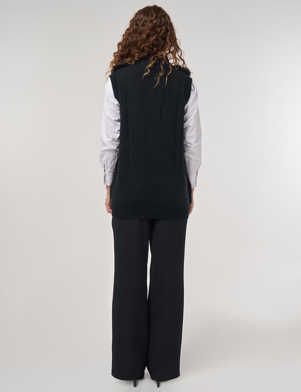 Fur-Trim Knit Vest Black