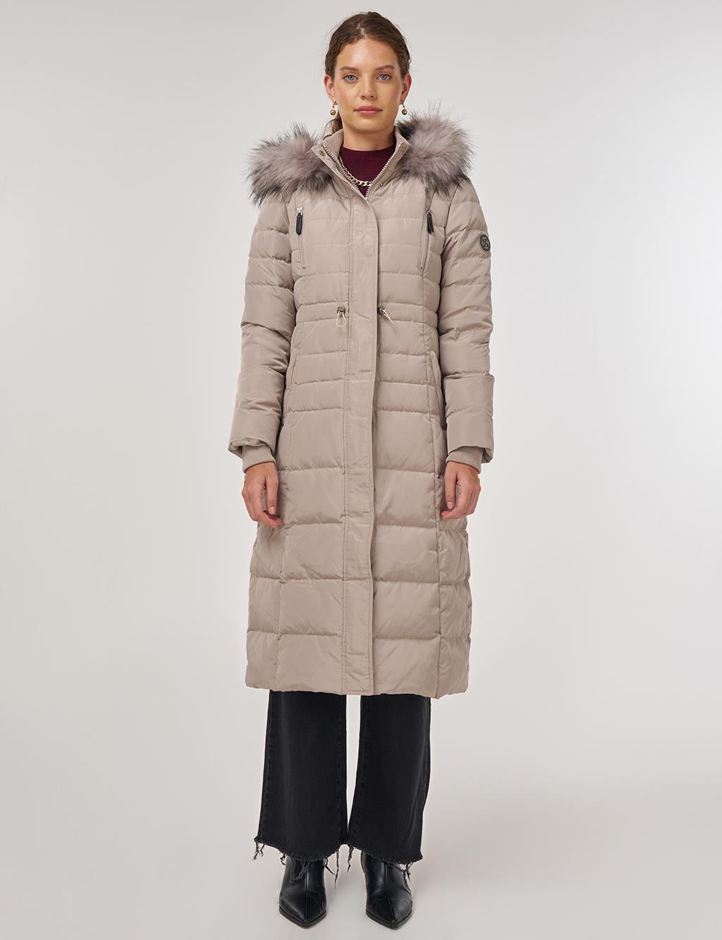 Drawstring Waist Goose Down Padded Coat Stone