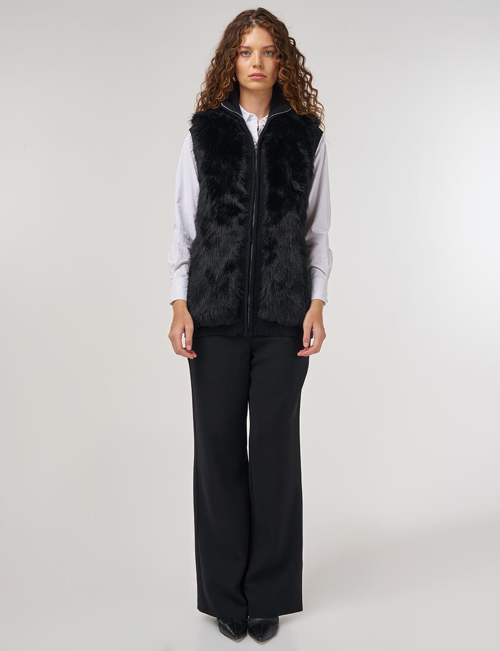Fur-Trim Knit Vest Black