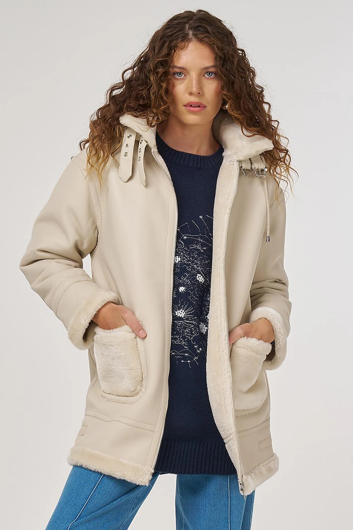 Belted Faux Leather Coat Cream