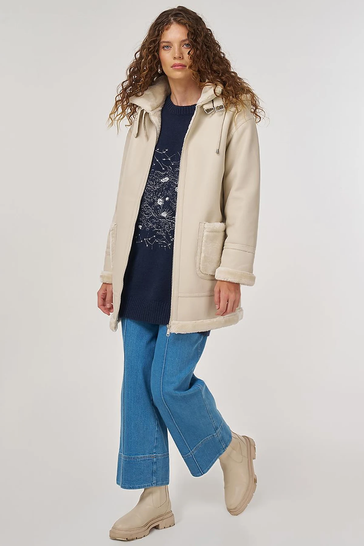 Belted Faux Leather Coat Cream