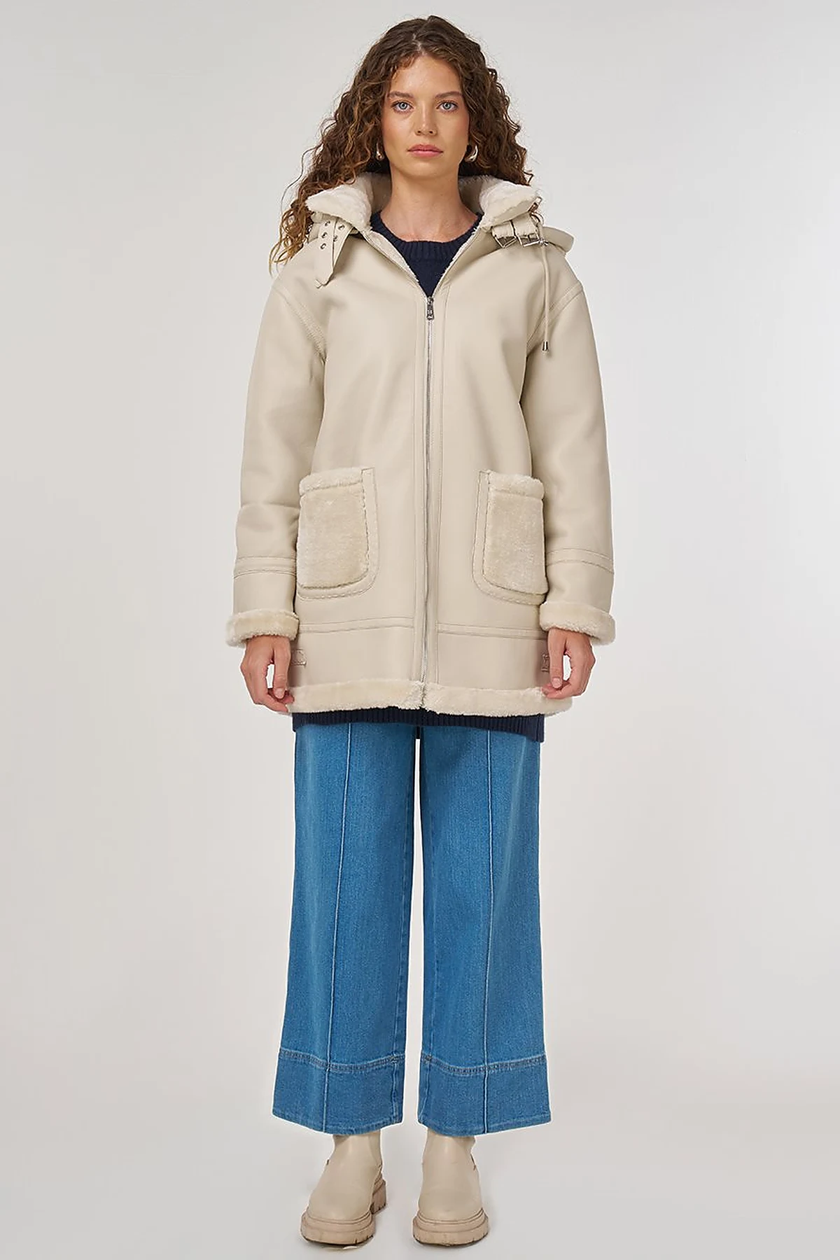 Belted Faux Leather Coat Cream