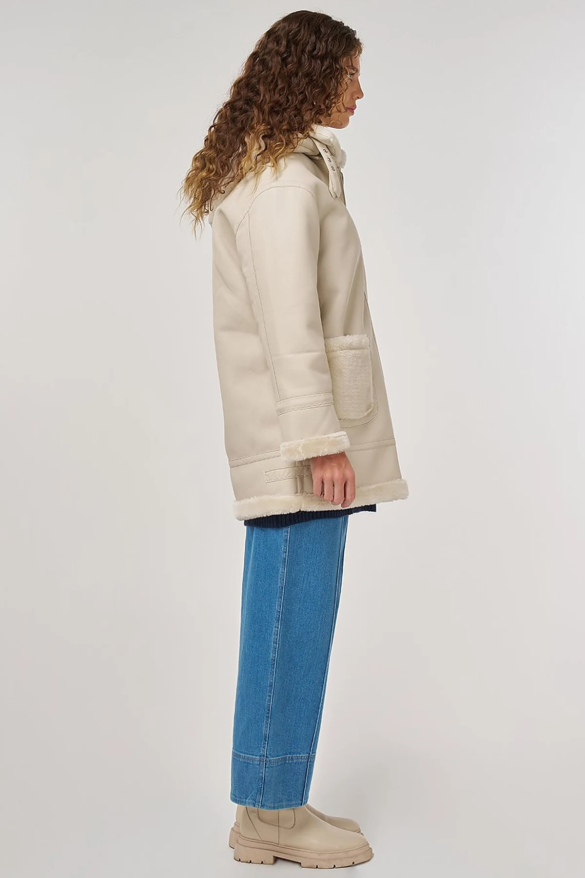 Belted Faux Leather Coat Cream