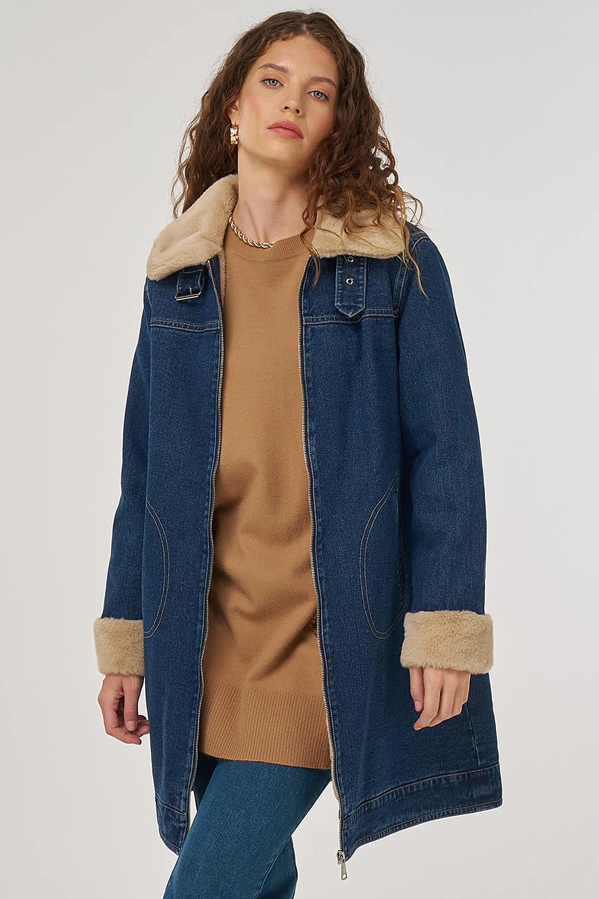 Faux Fur Collar Denim Jacket Dark Navy