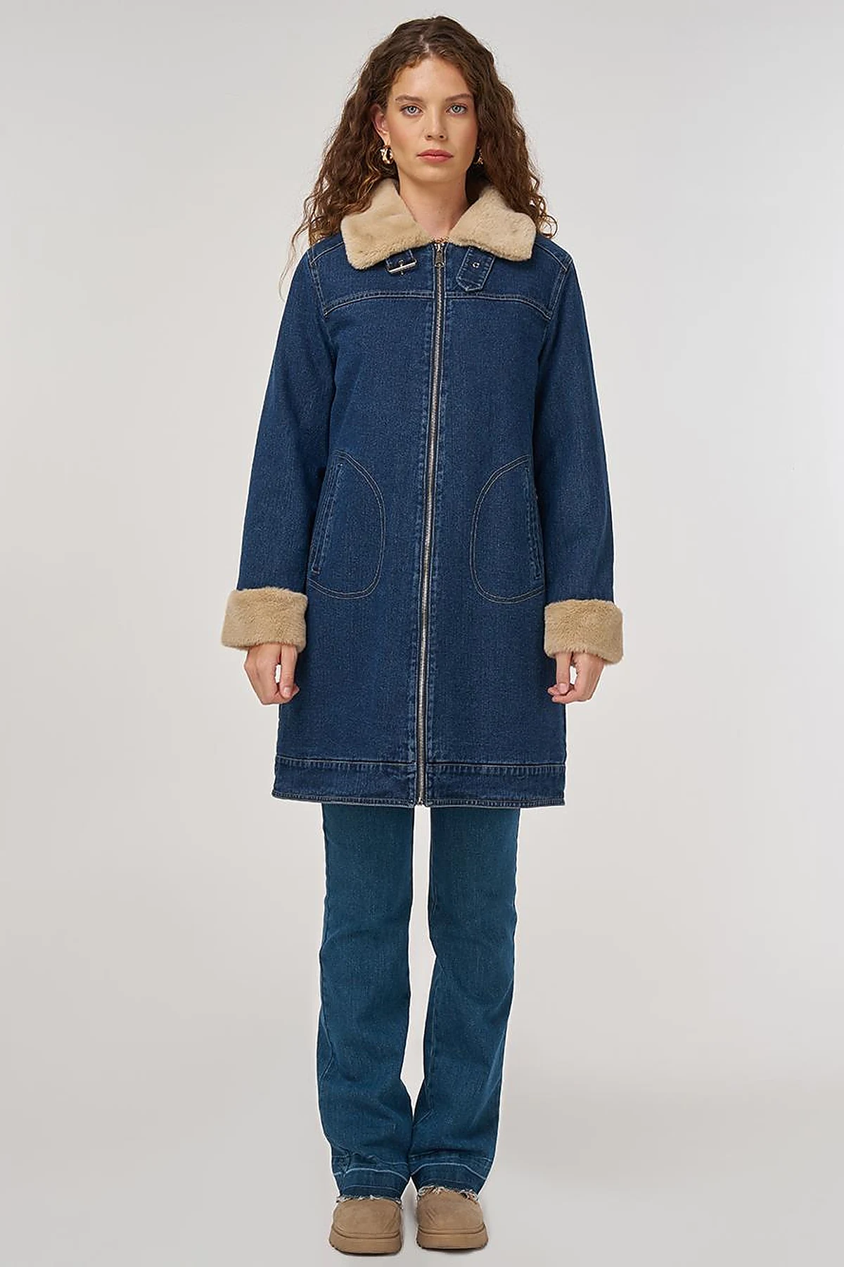 Faux Fur Collar Denim Jacket Dark Navy