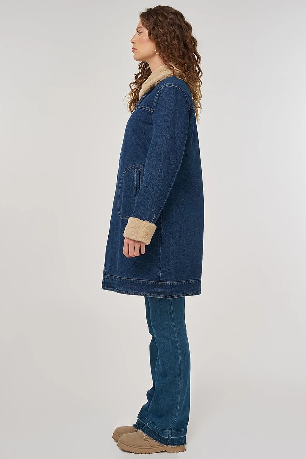 Faux Fur Collar Denim Jacket Dark Navy