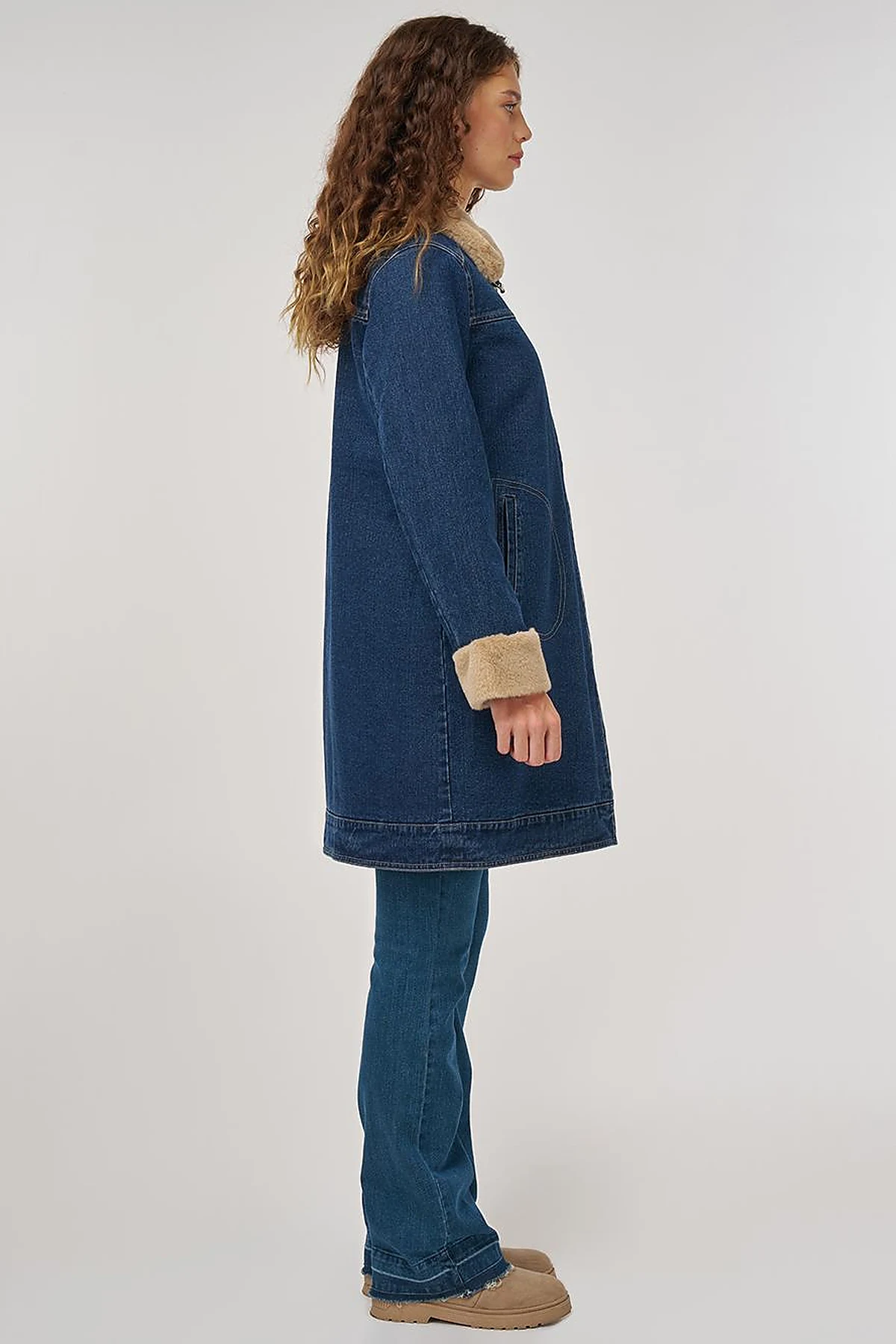 Faux Fur Collar Denim Jacket Dark Navy