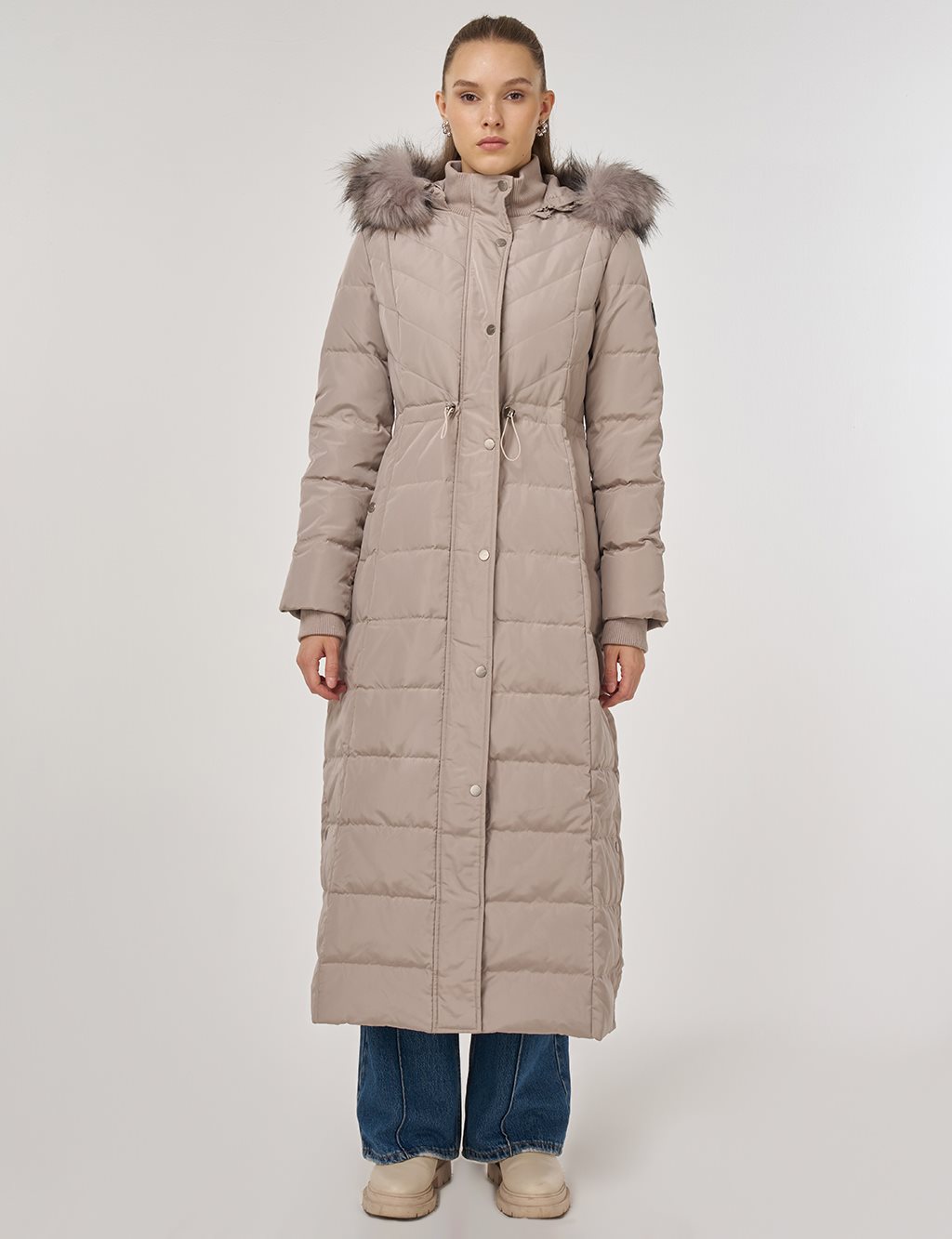 Snap-Button Goose Down Padded Coat Stone