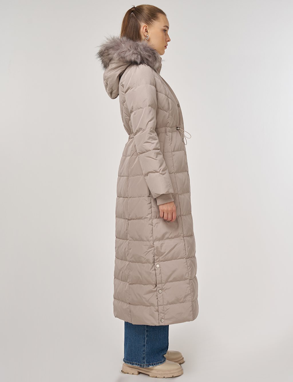 Snap-Button Goose Down Padded Coat Stone